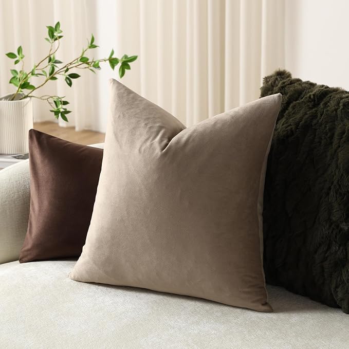 Euro Sham Covers 26x26 Taupe: Pack of 2 Cozy Soft Velvet Square Modern Luxury Decorative Throw Pillow Cases for Sofa Couch Living Room Bed Home Decor