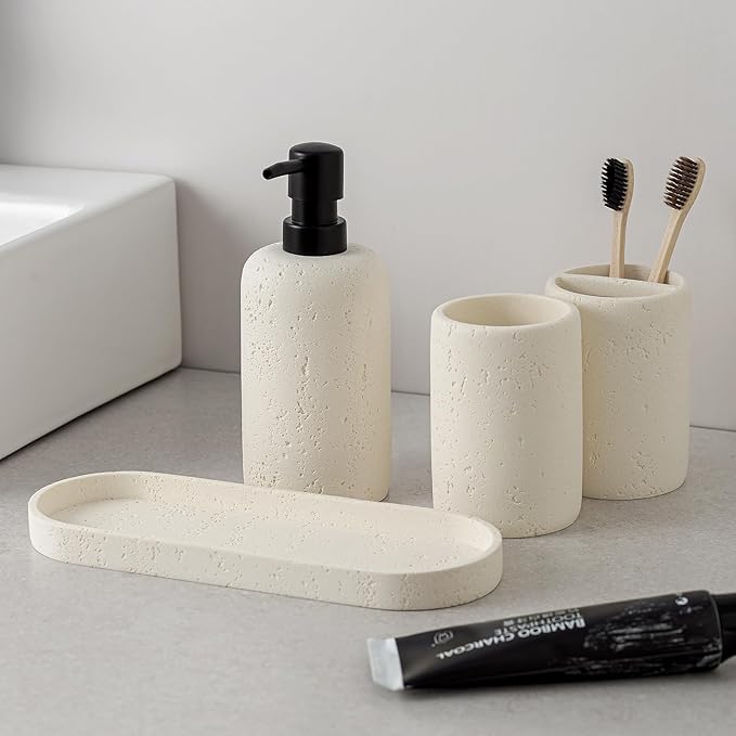 Bathroom Accessories Set, 4 Piece Travertine Stone Look Collection, Modern Bath Organizer with Soap Dispenser, Toothbrush Holder, Tumbler, Vanity Tray for Countertop Kitchen Sink (Off White)