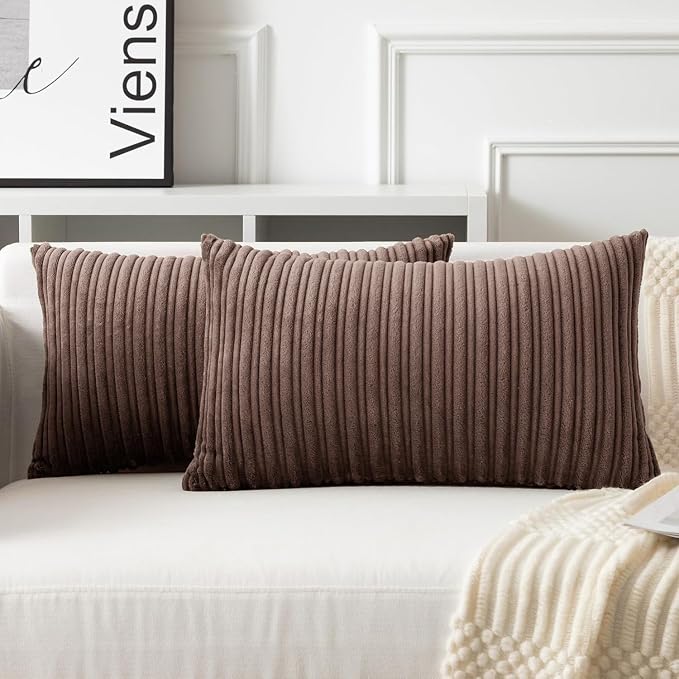 UGASA Fall Velvet 12x20 Inch Lumbar Soft Throw Pillow Covers Decorative Corduroy Striped Both Sides Solid Rectangular Cushion Cases Boho Farmhouse for Couch Bedroom Sofa Home, Pack of 2, Dark Brown