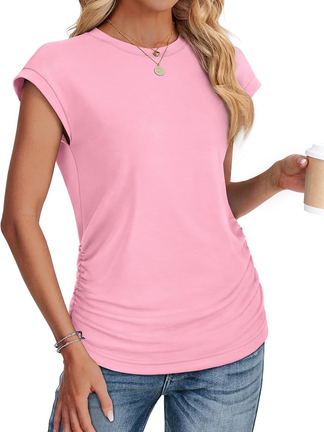 Sampeel Womens Summer Tops Trendy 2026 Ruched Cap Short Sleeve Tshirts Shirts Crew Neck T Shirts Fashion