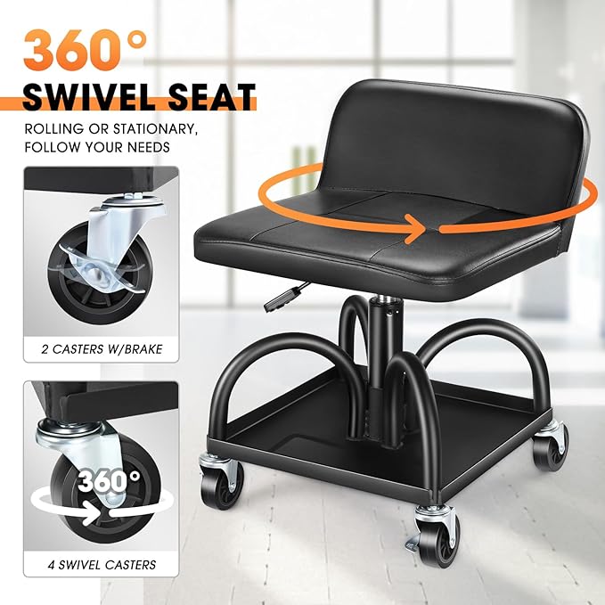 DNA Motoring Rolling Padded Seat Adjustable Height Seat 330lbs Capacity Rolling Mechanic Creeper Stool, W/Tool Storage Drawer & Tray, Black, TOOLS-00600