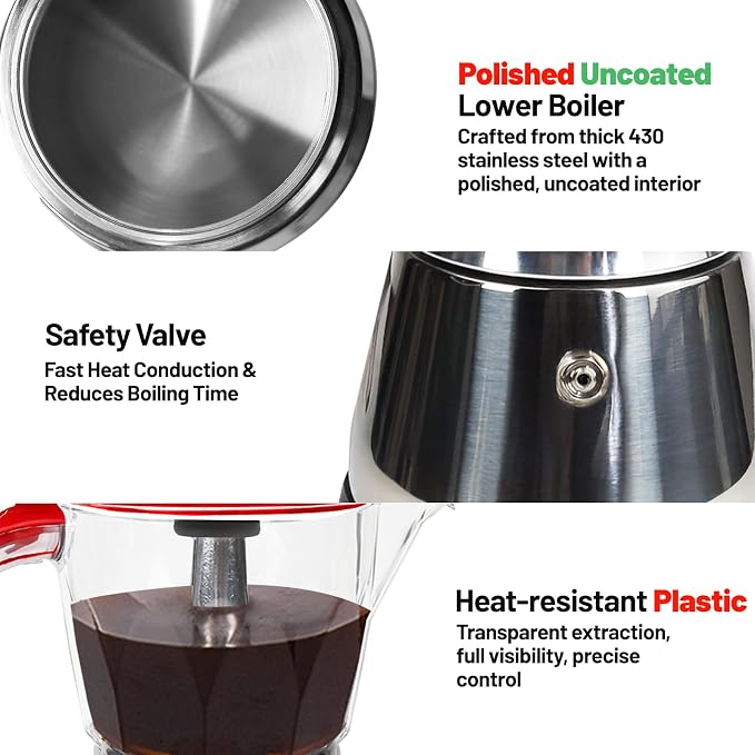 Electric Plastic Clear Moka Pot 3-6 Cup 150-300ml Mocha Pot | Stainless Steel Espresso Maker with Detachable Base Ideal Coffee Maker for Home Italian and Cuban Café Coffeemaker Red