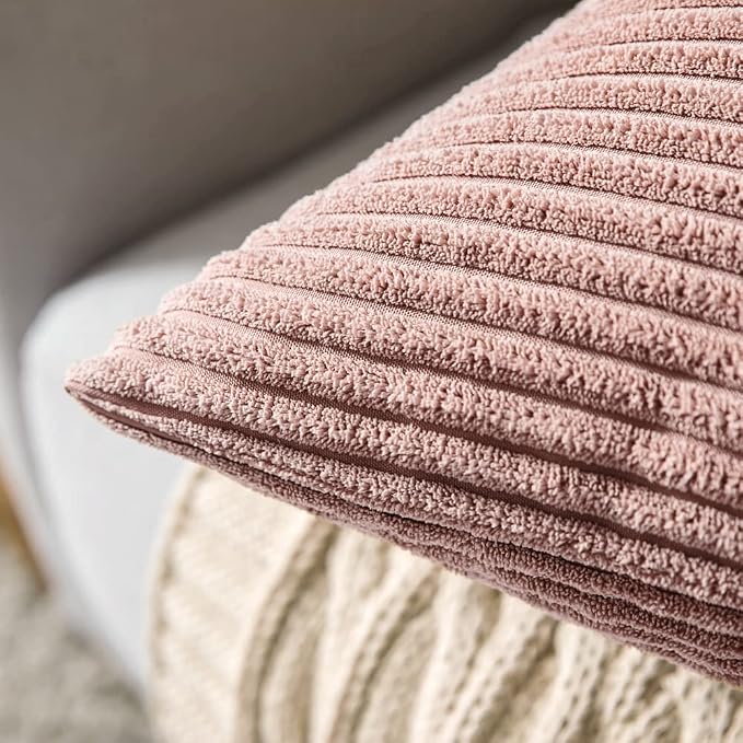 MIULEE Decorative Corduroy Throw Pillow Covers Set of 2 20x20 Blush Pink | Soft Striped Textured Cushion Cases, Boho Square Lovely Cute Pillowcases, Home Decor for Couch Chair Sofa Bed Living Room