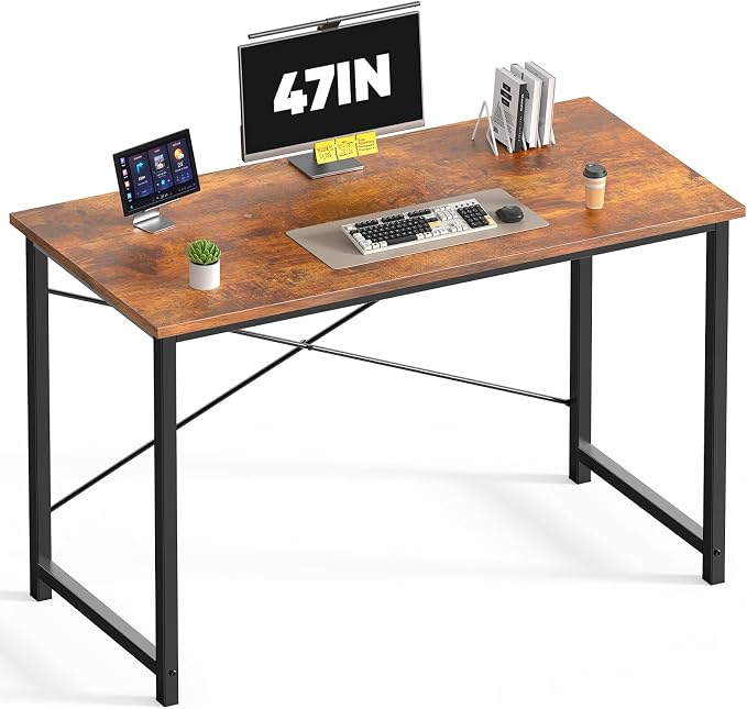 DUMOS 47 Inch Small Computer Desk, Gaming Desks for Home Office Bedroom | Modern Study Writing Work Table, Craft PC Desk Simple Workstation with Reinforcement Structure, Rustic Brown