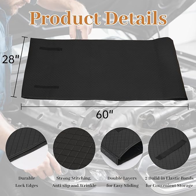 Rolling Creeper Mat, 60"x28" Zero Ground Clearance Mechanic Mat for Working Under Car, Under Car Roller for All Vehicles & Terrains, 3-Layer Design with Storage Bag