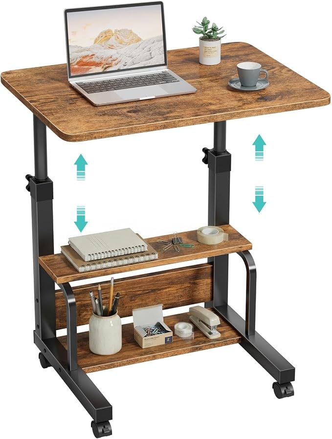 WINAZ C Shaped Rolling Laptop Desk - 24" Rustic Brown Mobile Desk with Wheels for Small Spaces, Height Adjustable Overbed Table with 2-Tier Storage Shelves