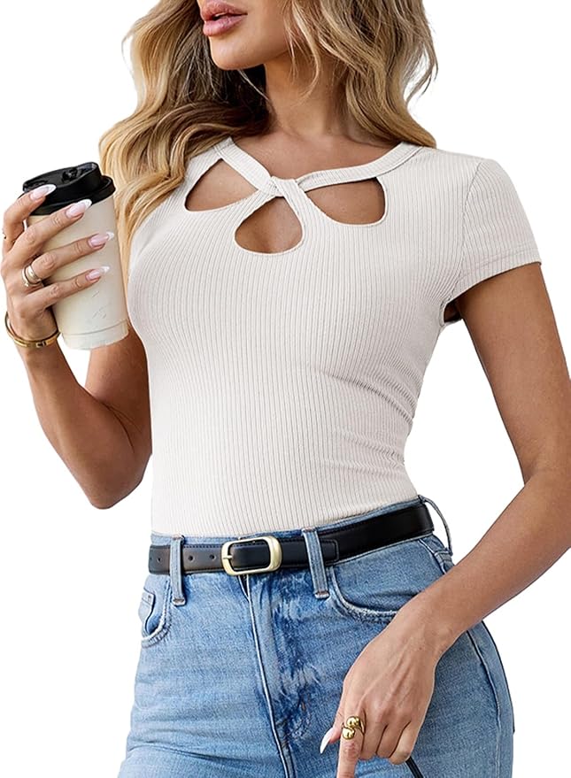 Pink Queen Sexy Tops for Women Cutout Keyhole Neck Cap Sleeve Shirts Casual Summer Clothes 2026 Fashion