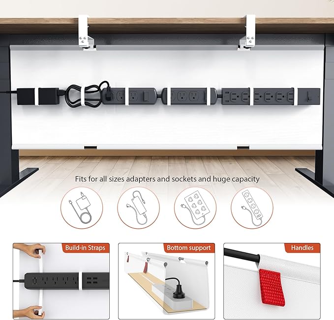 Univivi No Drill Under Desk Cable Management Tray, 48" Cord Organizer for Table, Clamp/Screw Mount Desk Cable Management, Premium Fabric Cable Management Tray for Office, Home (Extra Large)