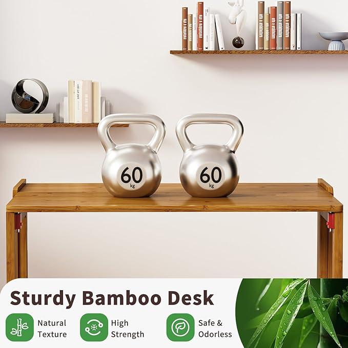 Folding Desk for Small Spaces, Bamboo Foldable Desk with Storage, Brown | Small Computer Desk with Bookshelf, Mid Century, Fold Out，Compact Size, for Bedroom, Living Room, Apartment, Home Office