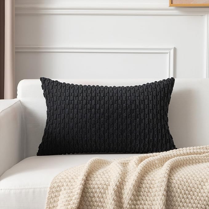 Kevin Textile Soft Corduroy 14"x22" Lumbar Pillow Cover 1 Pack, Black | Boho Stripe Plush Corduroy Decorative Oblong Cushion Cover Modern Farmhouse Home Decor for Sofa Couch Bed Chair