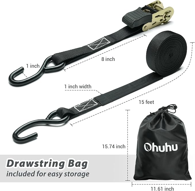 Ratchet Tie Down Strap 8-Pack 15 Ft - 500 lbs Load Cap with 1500 lbs Breaking Limit, Ohuhu Ratchet Tie Downs Logistic Cargo Straps for Moving Appliances, Motorcycle, Black