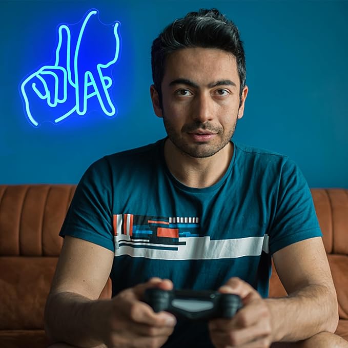 Los Angeles Gesture Neon Sign Baseball Team Neon Lights for Man Cave Decor Blue Letters Gesture LED Sign Fingers Neon Wall Sign LA Neon Signs for Wall Bedroom Garage Game Room Decor