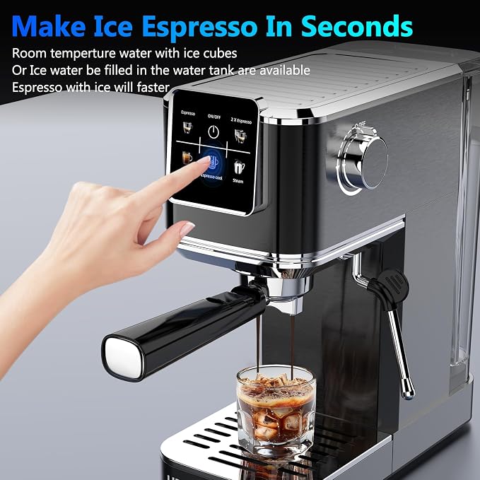 URintells Cuising Espresso Machine with Touchscreen And Cold Brew | 20Bar Pump,Stainless Steel Espresso Maker with Powerful Steam Milk Frother for Cappuccino Latte,Iced Americano