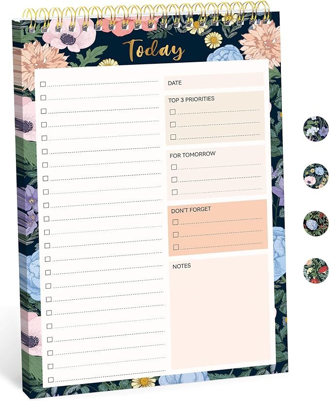 Taja To Do List Notepad, Undated Daily Planner for Work and Goal Setting | Floral Symphony, 52 Sheets, 9.8" x 6.5" , for Office, Home and school, Daily Task Planning, Notes and Everyday Organization