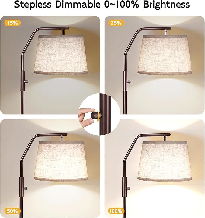 SUNMORY Floor Lamps for Living Room, 9W Bulb Included, Lamp for Bedroom with Adjust Head, Standing Lamp with Rotary Switch, 0-100% Dimmable Floor Lamp for Living Room Bedroom Office Nursery, Brown.