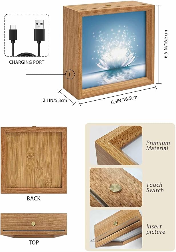 Wood Night Light Box 6.5x6.5in,Meditation Lotus Flower Table Lights Wooden Picture Frame with USB Rechargeable Touch LED Lights for Home Decor Desktop Display,Asian Zen Spiritual