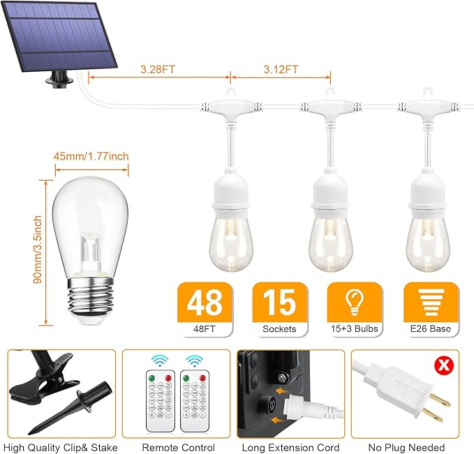 Mlambert 3-Color in 1 Dimmable Solar String Lights Outdoor, 48FT Patio String Lights with Remote and 15+3 Waterproof LED Bulbs for Bistro-White Cord