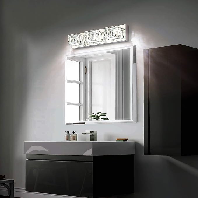 ZUZITO Modern Bathroom Vanity Lights - Crystal 3 Light Vanity Lighting Fixtures - Chrome Bathroom LED Light Fixture Over Mirror 6000K Cool White Light