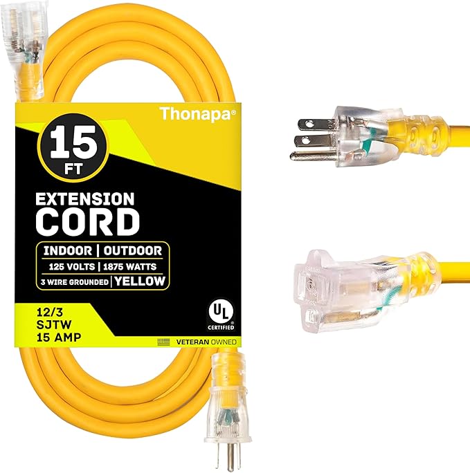 Thonapa Lighted Outdoor Extension Cord 15 ft - 12 Gauge 15 Amp Heavy Duty Power Extension Cords - SJTW - Great for Major Appliances, Power Tools, Garden Supplies - Yellow