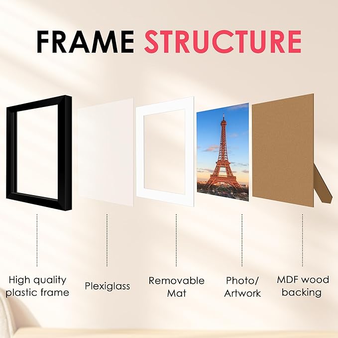 8.5x11 Picture Frame, Black Photo Frame with HD Plexiglass, Display Pictures 6x8 with Mat or 8.5x11 Without Mat, Picture Frames Collage for Tabletop or Wall Display, 2 Pack