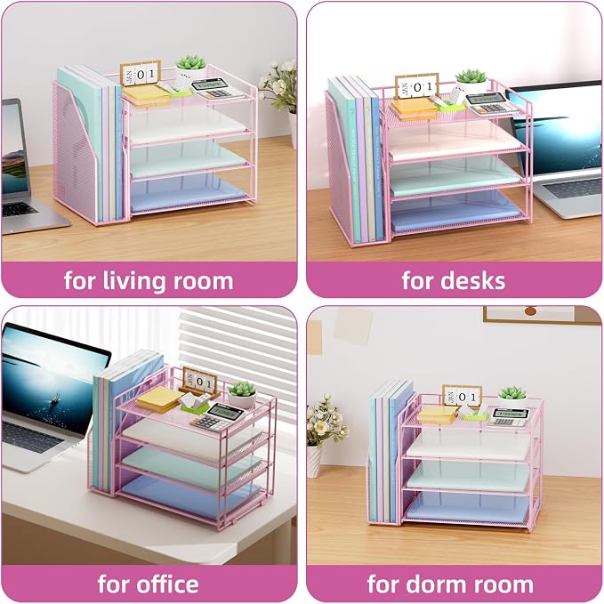 Marbrasse 4-Tier Paper Tray Organizer with File Holder, Pink | Sturdy Paper Tray, Built-in File Holder, fits Letters/Docs, Saves Desk Space, for School/Office/Home