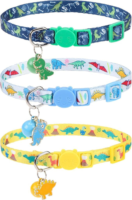 Breakaway Cat Collars with Bell & Cute Pendants, 3 Pack Safety Buckle Kitten Collars, Adjustable Pet Collar Ideal for Girl Boy Cats Puppy (Style A - Dinosaur)