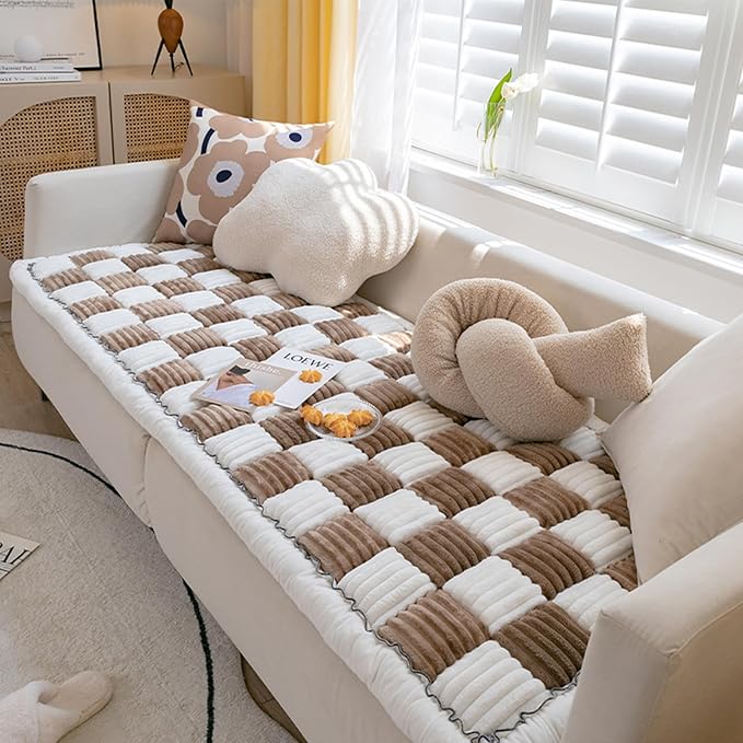 FunnyFuzzy Cream-Coloured Plaid Square Pet Mat Bed Couch Cover, Winter Thickened Dog Bed Cover Pet Blanket Sofa Couch Furniture Protector For Kids Dog Cat(Size:17.7*17.7 in,Color:Dark Brown)