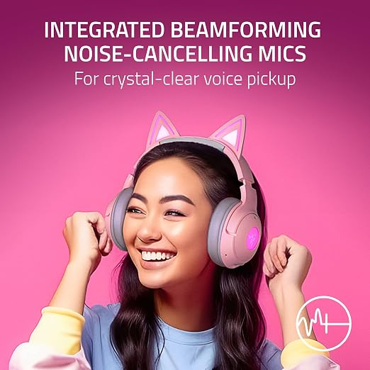 Razer Kraken Kitty V2 BT Wireless RGB Headset, Pink | Chroma RGB Kitty Ears & Earcups, Bluetooth 5.2, 40 mm Drivers, Noise-cancelling Mics, Lightweight, USB-C, 40 Hr Battery