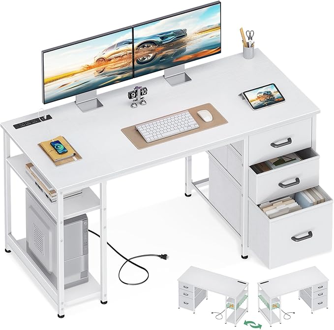 AODK 51 Inch White Computer Desk with Drawers & USB Power Outlets | Reversible Home Office Desk with Storage Shelves, Work from Home, Modern Work/Writing/Study Table for Bedroom, White