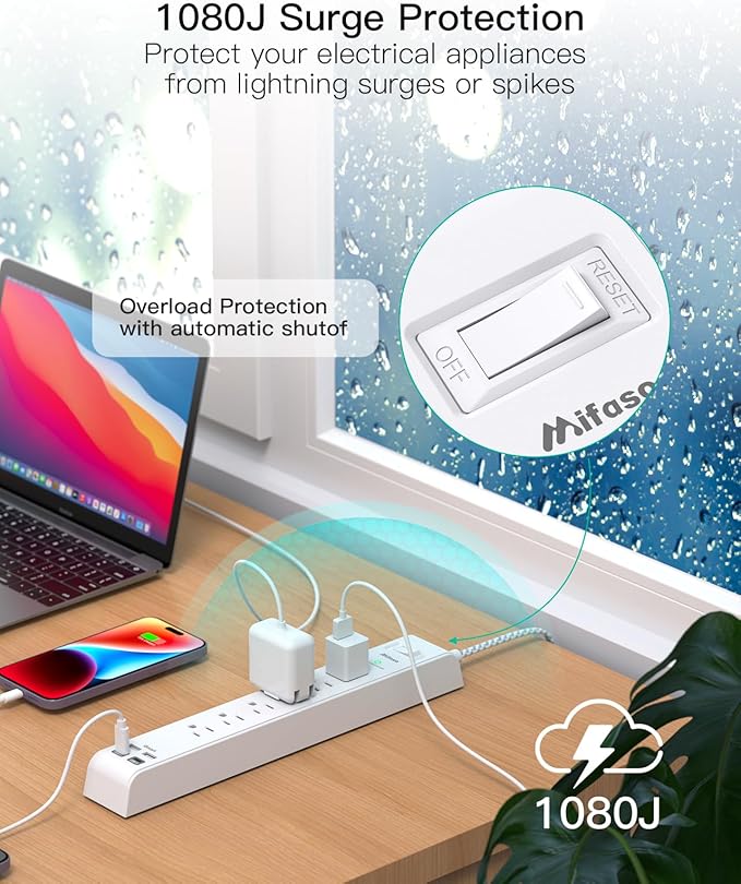 2 Pack Power Strip Surge Protector, 6 Outlets 4 USB Ports (2 USB C) 5Ft Long Extension Cords, Flat Plug Overload Protection Outlet Strip, Wall Mount for Home, Office and Dorm Essential, ETL Listed