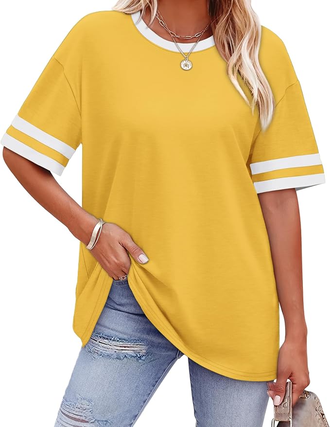 WIHOLL Womens T Shirts Loose Fit Short Sleeve Tees Crew Neck Color Block Summer Tops 2026 Fashion