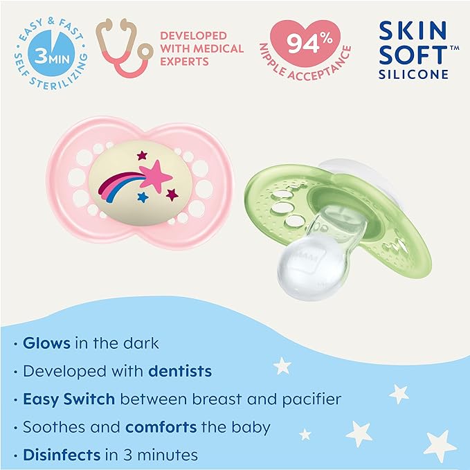 MAM Original Baby Pacifiers 6-16 Months, Binky for Newborn Babies, BPA-Free Skin Soft Silicone Nipple, Glows in The Dark, Developed with Medical Experts, 2 Count, Sterilizer Case, Made in Europe