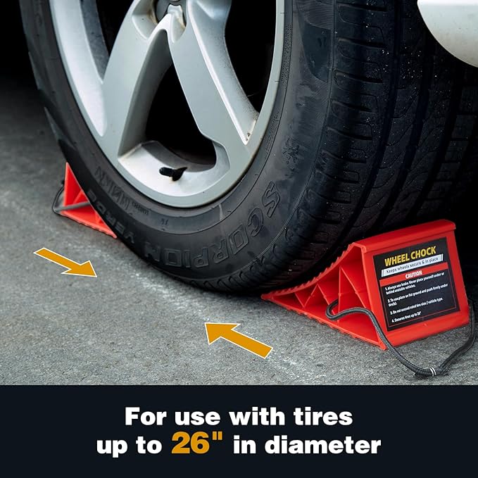 PAHTTO Wheel Chocks, 4Pack Heavy Duty Wheel Chocks with Rope for Easy Removal, Durable, Non-Slip, Hard Plastic Wheel Chocks for, RV, Camper, Effective in Keeping Your Vehicle in Place, Red