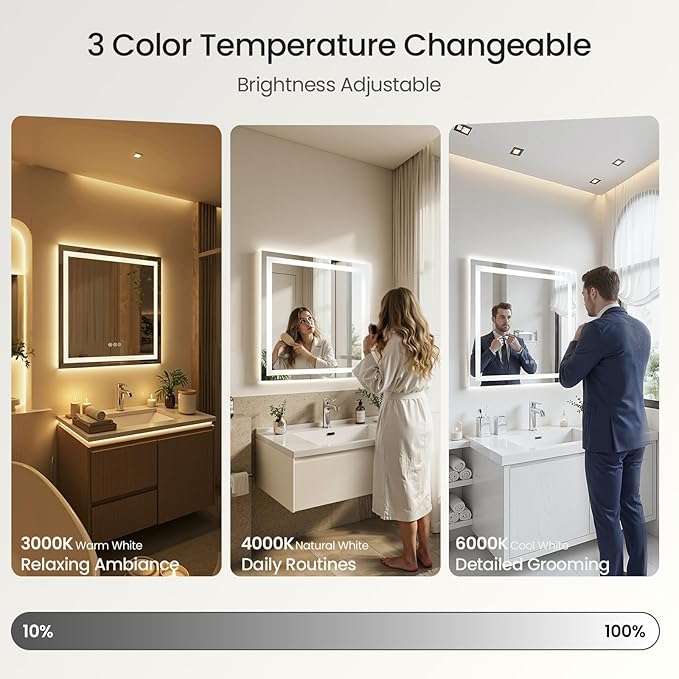 40X30 LED Bathroom Mirror with Lights, Anti-Fog, Dimmable - Lighted Bathroom Vanity Mirror with Front & Back Light, 3 Color Temperatures, Memory Function, Tempered Glass (Horizontal/Vertical)