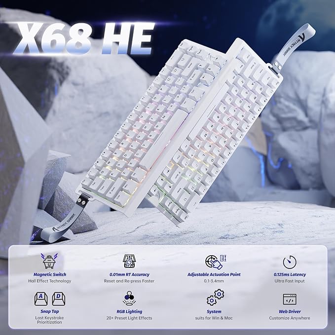 ATTACK SHARK X68 HE 60% Wired RT 8K Keyboard and Wireless R1 Mouse-White | Adjustable Actuation,Hall Effect Mechanical Magnetic Switch,Coiled Cable,USB C/2.4Ghz/BT Ultralight 18K DPI Mice for PC Gamer
