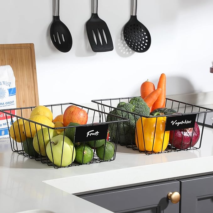 8 Pack Wire Storage Baskets for Organizing with Removable Tags, Pantry Organization Bins for Kitchen Cabinets, Closet - Metal Basket for Laundry, Garage, Refridge, Bathroom Countertop Organizer, Black