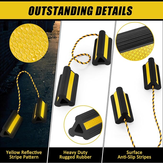 Heavy Duty Wheel Chocks - Wheel Stoppers for Trailer Travel Trailers RV Aircraft Car Camper Truck, Non Slip Rubber Wheel Block with Nylon Rope Yellow Reflective Tape(2 Pair)