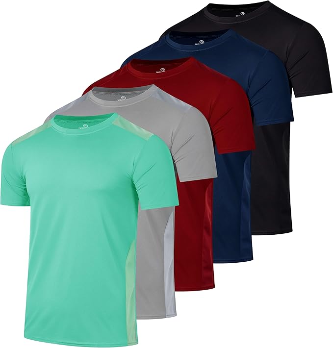 5 Pack Men's Dry Fit Short Sleeve T-Shirt Gym Workout Athletic Running Tee | Cooling, Moisture-Wicking, Crew Neck, Quick-Dry, Breathable, Active, Exercise, Fitness, Basketball, Cycling, Hiking, Tennis