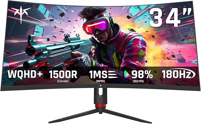 KTC 34 Inch Curved Ultrawide Gaming Monitor, 21:9, 3440x1440p 180Hz 1ms, 1500R Curved Monitor, Freesync G-sync, Picture by Picture,PIP, Height/Tilt/Swivel/Pivot, H34S18S