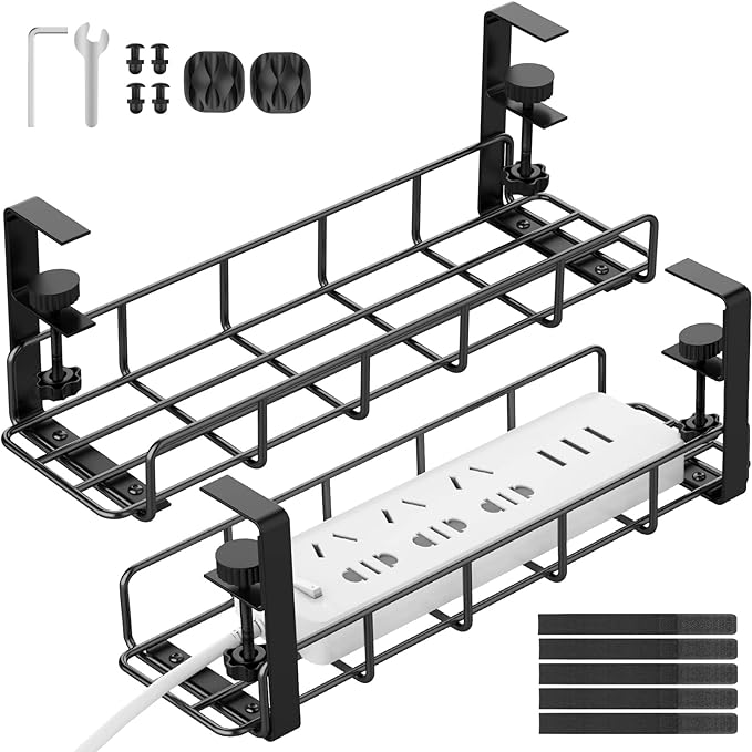 Under Desk Cable Management Tray, 31.5'' No Drill Heavy Duty Steel Cable Tray Organizers, Wire Management Tray Cable Rack with Clamp Mount, Adjustable Metal Under Desk Tray (Black, 2 Pack)