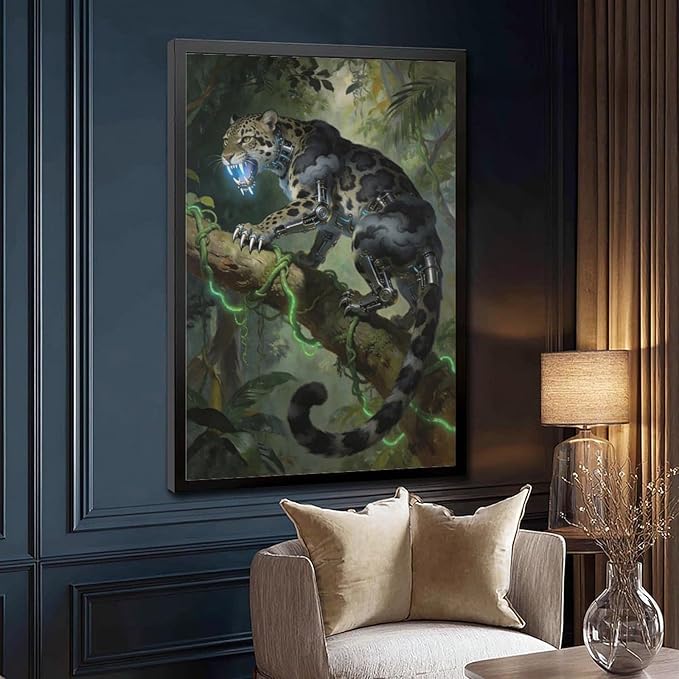 Framed Steampunk Mechanical Leopard Wall Art - Jungle Futuristic Beast Poster for Man Cave Living Room Decor 24x36in