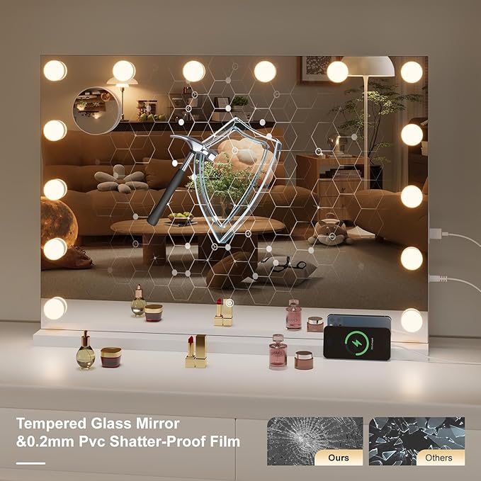 Hasipu Hollywood Vanity Mirror with Lights and Bluetooth Speaker, 47" x 35" Makeup Mirror with 24 Dimmable LED Bulbs 3 Color Modes, 5X Magnifying Glass, Touch Control, USB and Type-C, Tempered Glass