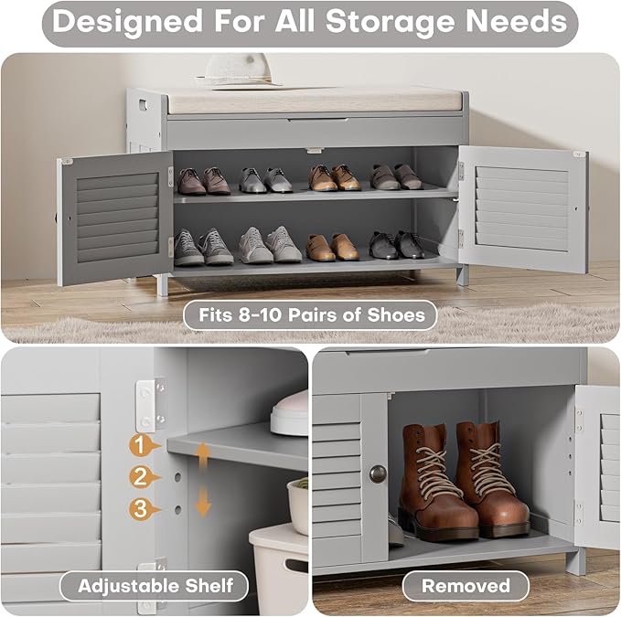 Shoe Storage Bench with Lift Top Storage, Entryway Bench with Cushioned Seat, Adjustable Shelf, 2 Tier Shoe Rack with Doors for Entryway, Bedroom, Hallway, Mudroom, Grey