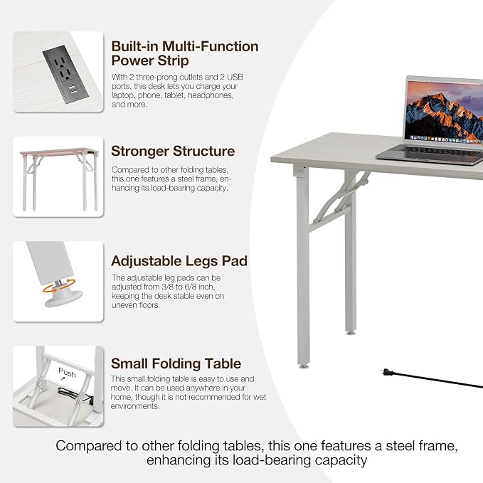 TEMI Small Computer Desk Folding Table - No Assembly, Compact 43.3" Foldable Desk with Power Outlets & USB Charging Port, Portable Small Office Desk, Ideal Mini Study Table for Narrow Spaces,White Ash