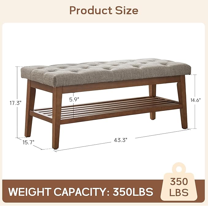 HUIMO Entryway Shoe Bench, End of Bed Bench,Upholstered Button-Tufted Bench for Kitchen, Fabric Ottoman Bench for Living Room, Padded Bench with Solid Wood Shelf,Brown