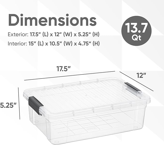 Superio 13.7 Qt Clear Plastic Storage Bins with Lids and Latches, Organizing Containers, Stackable Plastic Bin for Home, Garage, School, and Office
