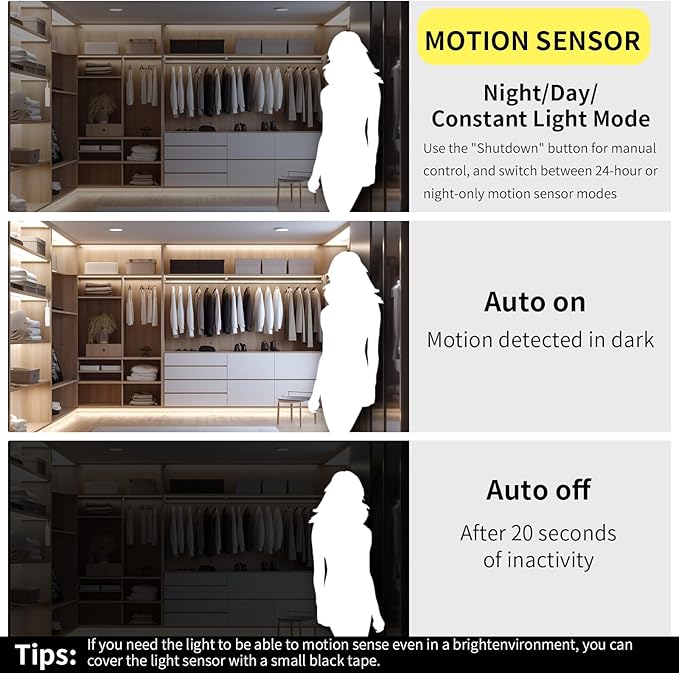 5V Motion Sensor Dimmable USB Rechargeable COB LED Strip Lights,Built-in 1500mAh Battery,Three Modes,9.84FT/3M,Cool White 6500K,320LEDs/M,Night for Closet,Wardrobe,Bed,Stairs,Kitchen