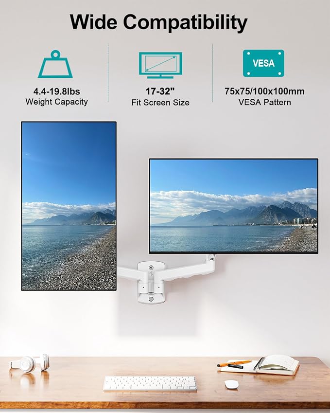 MOUNT PRO Dual Monitor Wall Mount for 13 to 32 Inch Computer Screens, Gas Spring Wall Monitor Arm for 2 Monitors, Each Holds Up to 19.8lbs, Adjustable Wall Monitor Mount with VESA 75x75/100x100, White