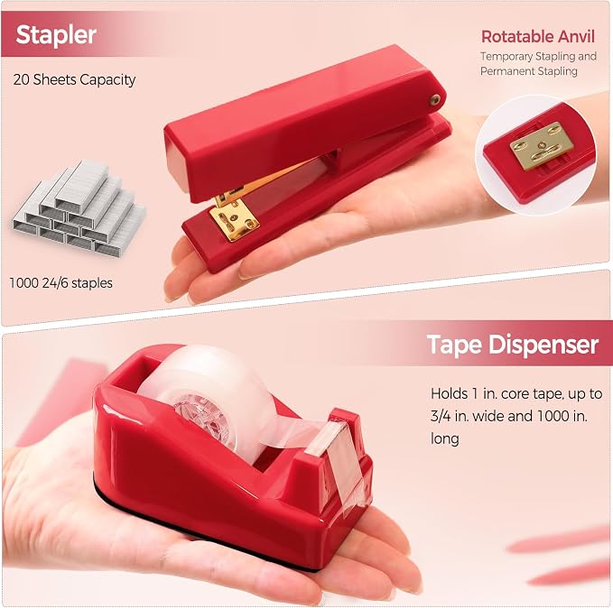 SKYDUE Red Office Supplies Set, Pencil Holder for Desk, Stapler, Tape Dispenser, Scissors,Clips and 1000pcs Staples, Office Decor for Women, Red Desk Accessories