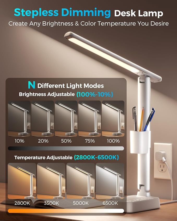 LED Desk Lamp with Power Strip, 3 AC Outlets & 4 USB Ports (2 USB-C), Stepless Dimming&2800K-6500K Eye-Caring Desk Light, Foldable Table Lamp with 10FT Cord for Home Office, Dorm Room Essentials White